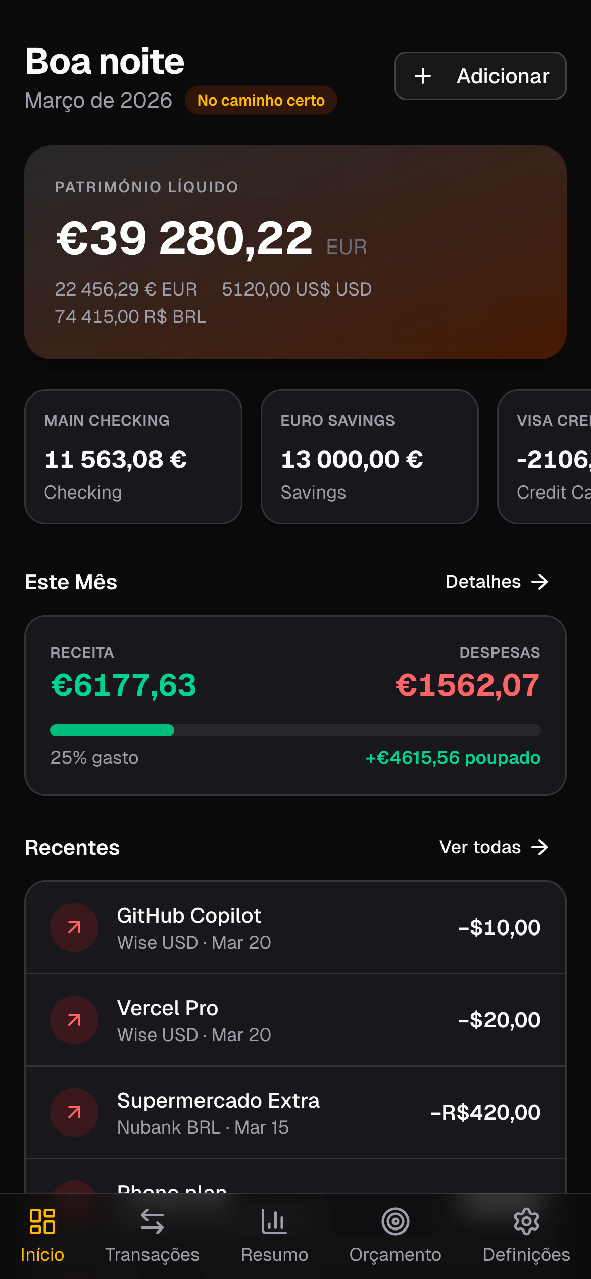 Dashboard do Ouriva com contas, receitas e despesas mensais e transações recentes