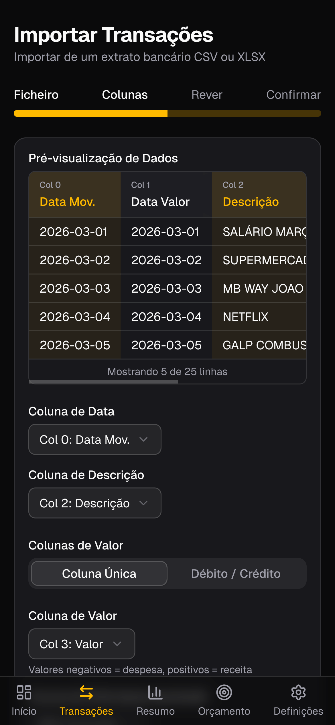 Ecrã de mapeamento de colunas de importação do Ouriva com data, descrição e valor